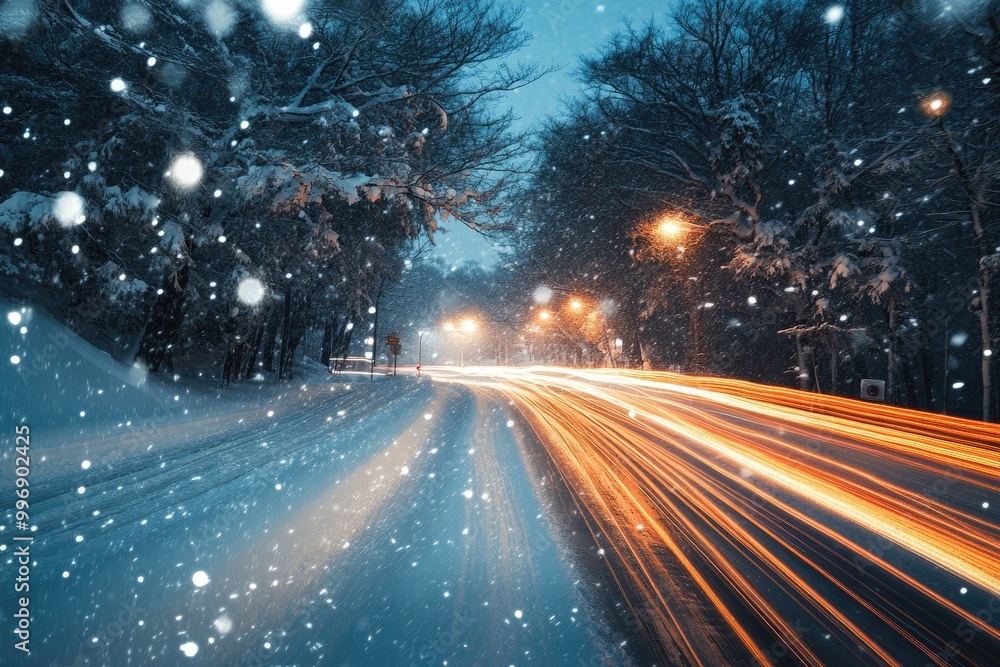 Snow-Covered Road with Light Trails and Trees at Night Snow-Covered Road with Light Trails and Trees at Night