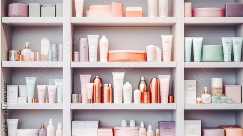 Shelves filled with neatly arranged beauty products in various pastel and metallic hues, creating an aesthetically pleasing and organized display.