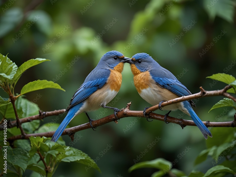 Cute songbirds perched on a branch amidst lush leaves. Cute songbirds perched on a branch amidst lush leaves.