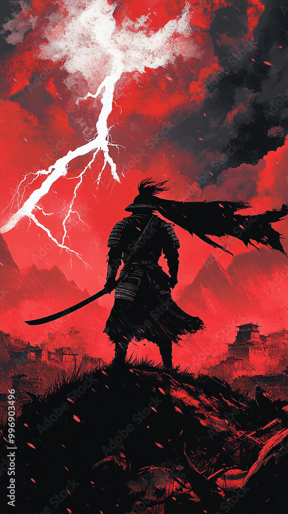 A lone samurai warrior standing on a hill with katana in hand, facing a stormy battlefield with lightning splitting a red sky, traditional armor, mountains, and an ominous fortress in the distance A lone samurai warrior standing on a hill with katana in hand, facing a stormy battlefield with lightning splitting a red sky, traditional armor, mountains, and an ominous fortress in the distance