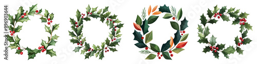 Four decorative wreaths made of holly leaves and berries, perfect for festive decor and holiday celebrations.
