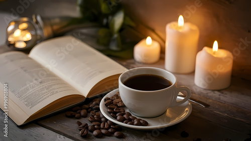 A Cup of Coffee Next to an Open Book