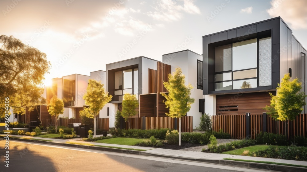Modern suburban homes in a row, bathed in warm sunlight, with well-kept front yards and green foliage. Modern suburban homes in a row, bathed in warm sunlight, with well-kept front yards and green foliage.