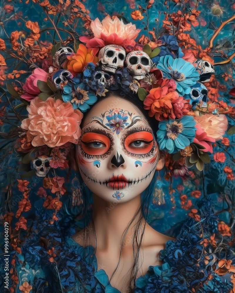 Asian woman adorned with Día de los Muertos (Day of the Dead) makeup and a flower crown. Asian woman adorned with Día de los Muertos (Day of the Dead) makeup and a flower crown.
