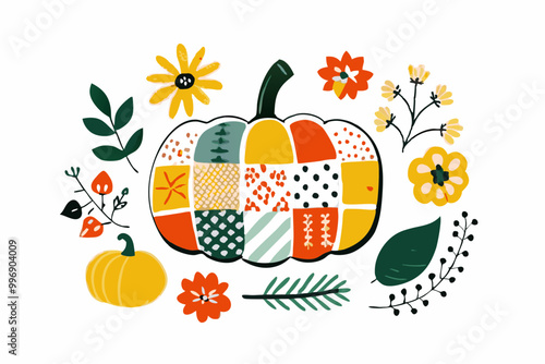 Autumnal Patchwork Pumpkin Surrounded by Colorful Flowers and Leaves