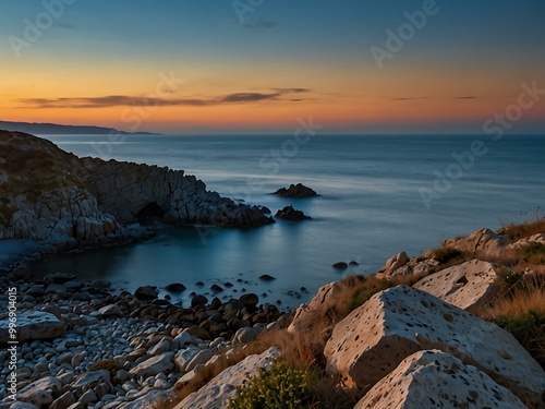 Dawn over the sea with rocks and a bridge.