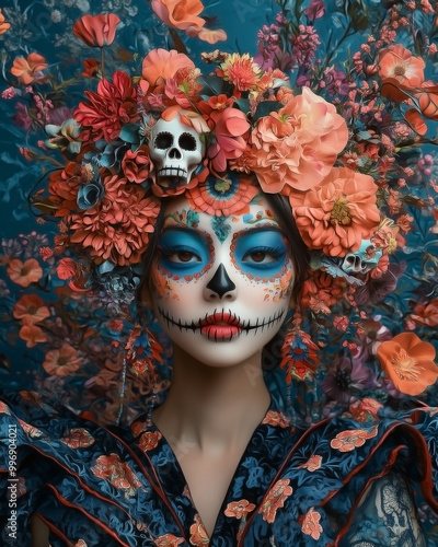 Asian woman adorned with Día de los Muertos (Day of the Dead) makeup and a flower crown. 