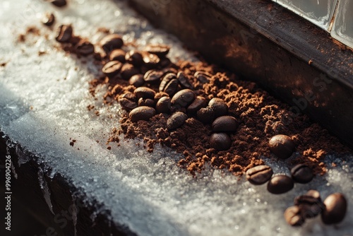 Coffee Beans and Grounds on a Snowy Surface