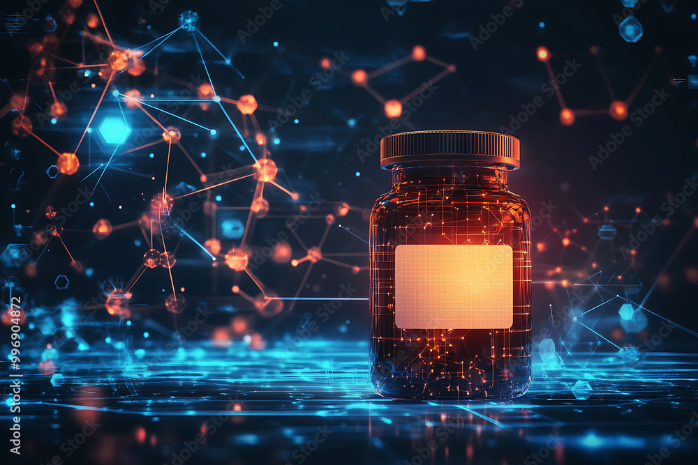An abstract digital background showcasing a medicine bottle with a blank label, surrounded by molecular structures, geometric shapes, and data connections An abstract digital background showcasing a medicine bottle with a blank label, surrounded by molecular structures, geometric shapes, and data connections