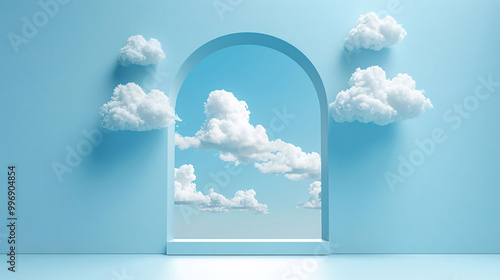 Minimalistic 3D arch with fluffy clouds in blue setting