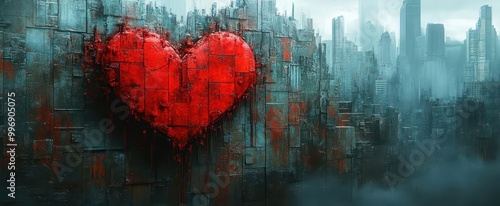 a striking 3d render of a broken heart set against an urban cityscape visually expressing emotional depth and the complexity of love amidst the chaos of city life photo