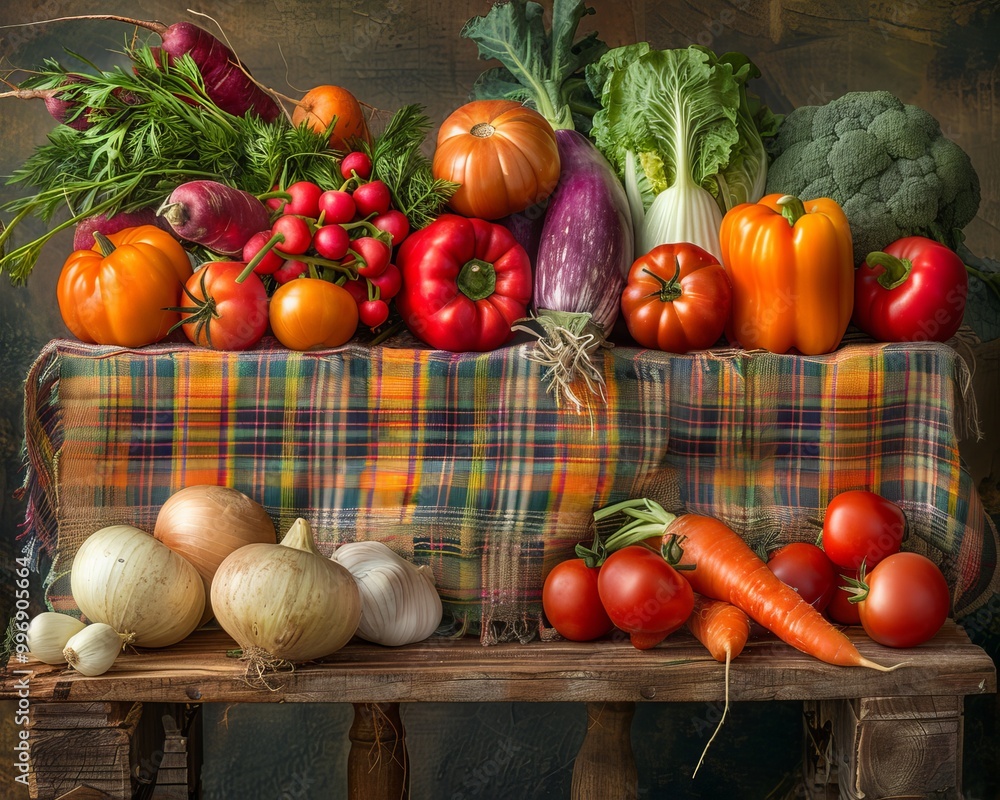 Elegant still life of fresh vegetables on wooden board with cozy fabric and warm lighting Elegant still life of fresh vegetables on wooden board with cozy fabric and warm lighting