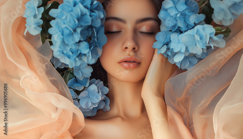 Mulher em tecido macio de pêssego adornada com flores de hortênsia azul, gentil e serena photo