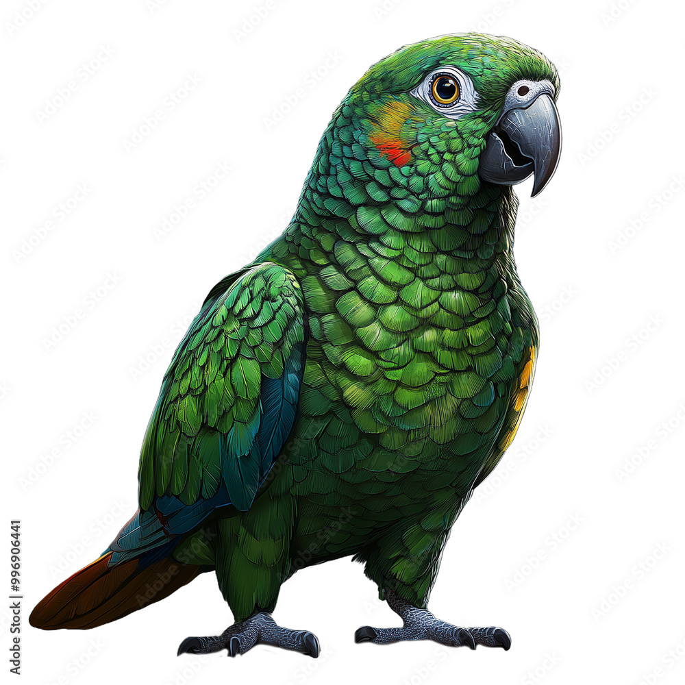 Obraz premium Green parrot with detailed plumage standing on a transparent background