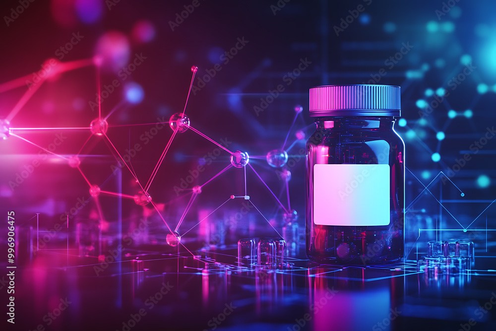 a medicine bottle with a blank label, surrounded by molecular structures, geometric shapes, and modern data connections. This design represents the fusion of healthcare and cutting-edge technology, a medicine bottle with a blank label, surrounded by molecular structures, geometric shapes, and modern data connections. This design represents the fusion of healthcare and cutting-edge technology,
