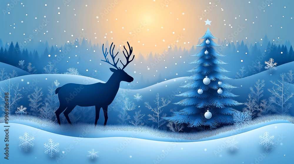 Majestic Winter Scene with Reindeer and Decorated Christmas Tree in Snow-Covered Forest at Sunset Majestic Winter Scene with Reindeer and Decorated Christmas Tree in Snow-Covered Forest at Sunset