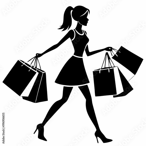 Elegant woman shopping stylishly carrying multiple bags in motion