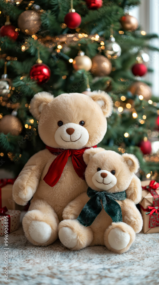 Cute Teddy Bears with Christmas Tree and Gifts in the Background Cute Teddy Bears with Christmas Tree and Gifts in the Background