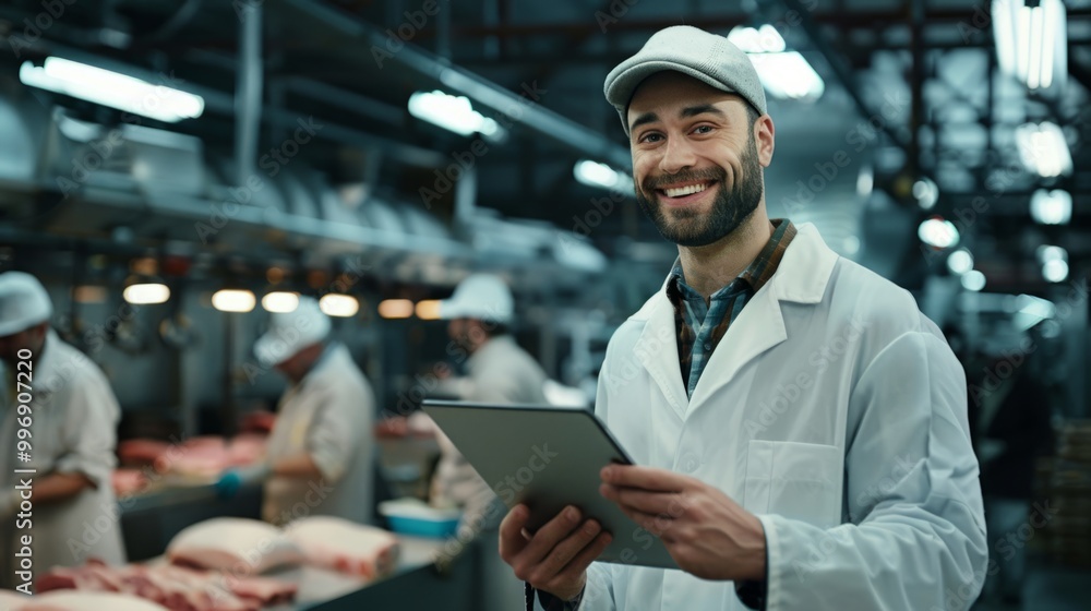 Worker in a meat processing facility smiling while using a tablet to manage operations during daytime Worker in a meat processing facility smiling while using a tablet to manage operations during daytime