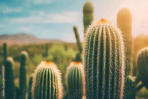 Saguaro cactus growing under the arizona sun in a beautiful desert landscape photo