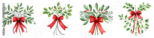 A collection of festive wreaths adorned with green foliage and red bows, perfect for holiday decorations.