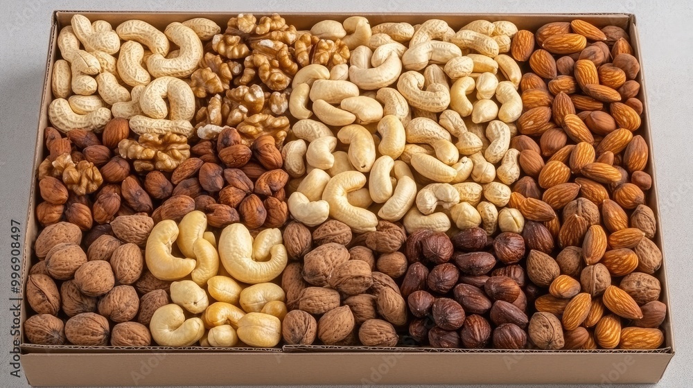 This visually appealing arrangement features cashews, hazelnuts, almonds, and macaroons in a neat paper box, emphasizing their natural textures and colors This visually appealing arrangement features cashews, hazelnuts, almonds, and macaroons in a neat paper box, emphasizing their natural textures and colors