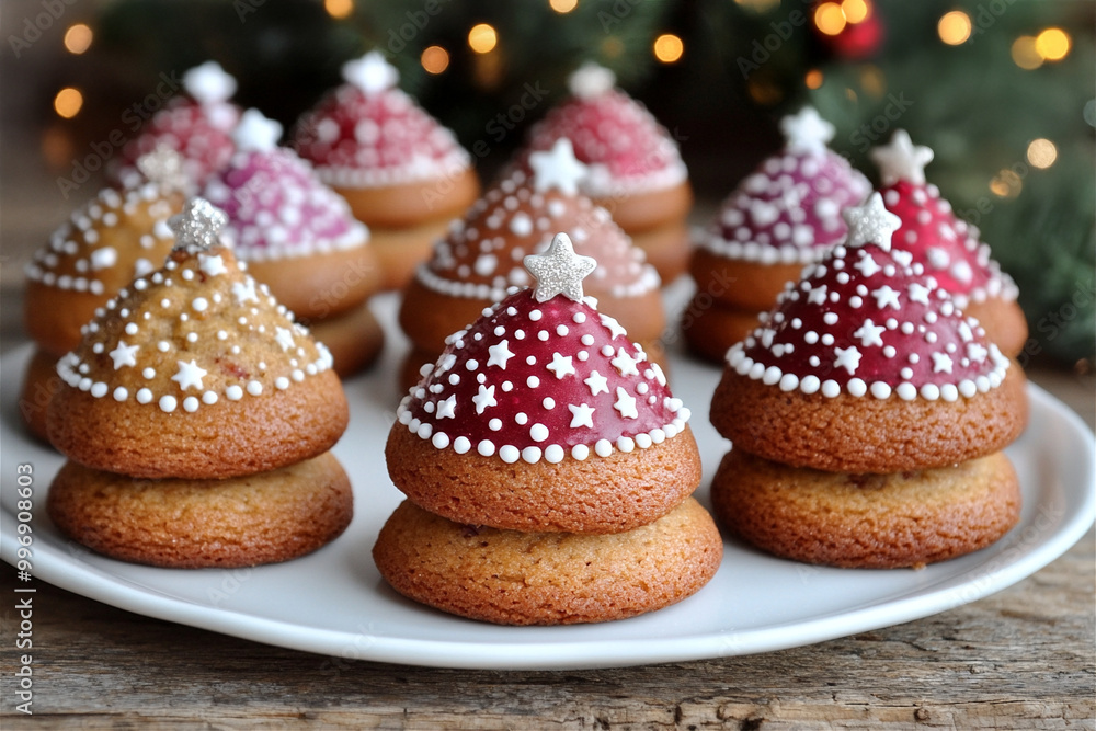 Christmas tree shaped cookies with sparkling icing are resting on a white plate with a christmas tree in the background Christmas tree shaped cookies with sparkling icing are resting on a white plate with a christmas tree in the background