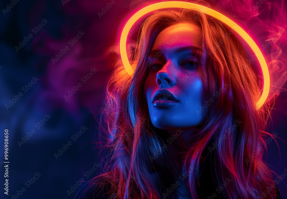 A woman with long hair illuminated by colorful neon lights poses in an artistic setting with a glowing halo, creating a vibrant atmosphere A woman with long hair illuminated by colorful neon lights poses in an artistic setting with a glowing halo, creating a vibrant atmosphere