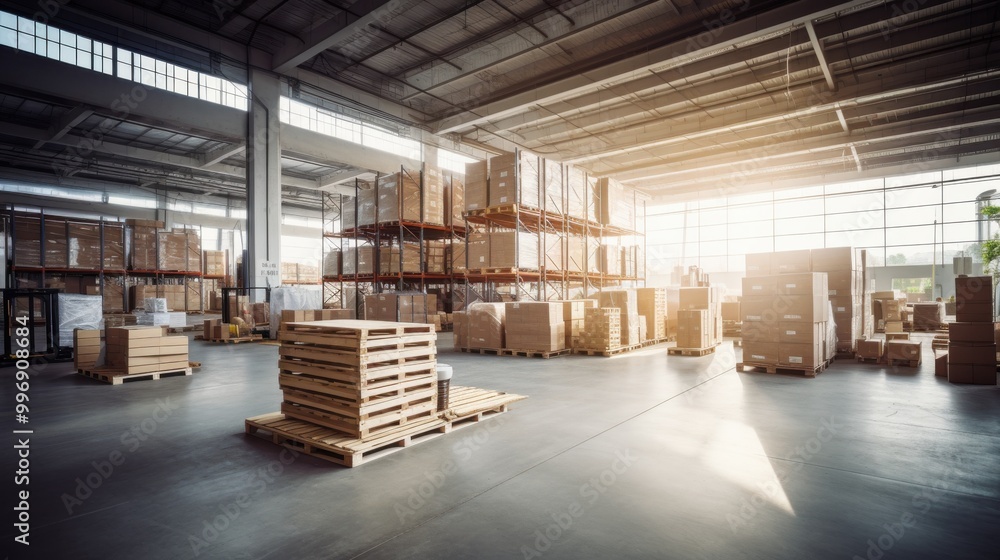 A spacious warehouse filled with stacked boxes and pallets bathed in natural light speaks to productivity and logistics. A spacious warehouse filled with stacked boxes and pallets bathed in natural light speaks to productivity and logistics.