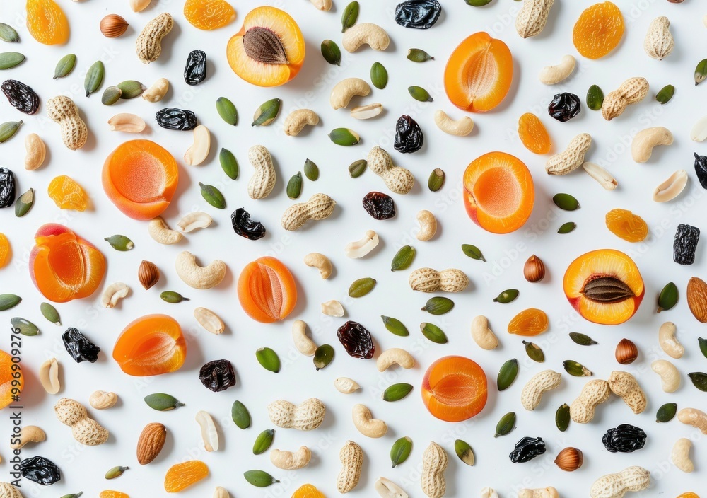 Assorted dried fruits and nuts scattered on a white background featuring apricots, cashews, and pumpkin seeds Assorted dried fruits and nuts scattered on a white background featuring apricots, cashews, and pumpkin seeds