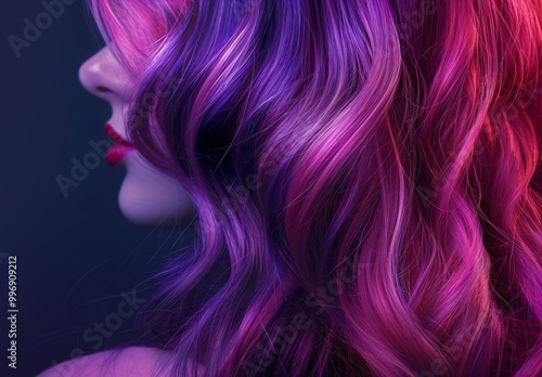 Stunning side profile of a model with vibrant purple and pink hair against a dark background, emphasizing artistic hair styling and beauty