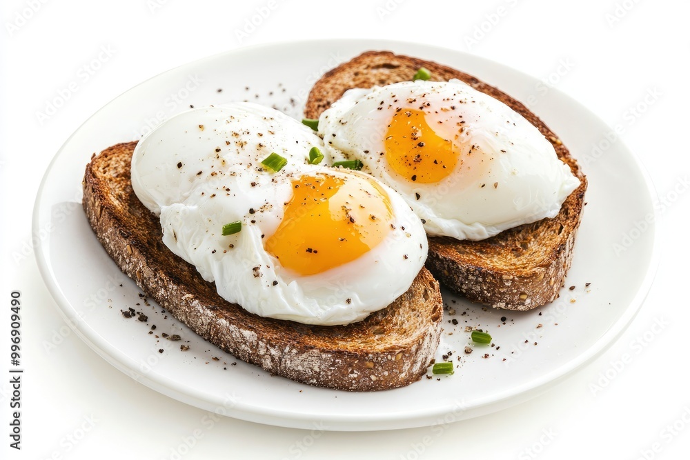 Fresh poached eggs on rye toast with a white background - generative ai Fresh poached eggs on rye toast with a white background - generative ai