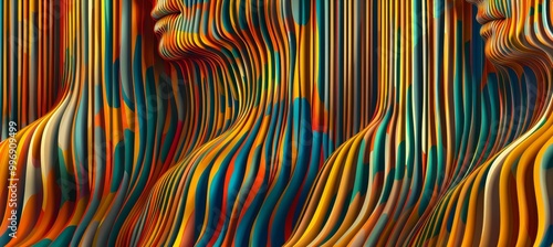 Vibrant abstract composition featuring yellow, gray, brown, crimson, and turquoise lines
