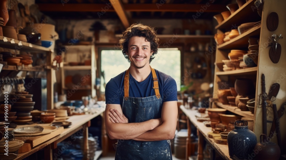 Fototapeta premium A young craftsman stands proudly in his pottery studio, surrounded by handmade ceramics, epitomizing dedication and artisanal craftsmanship.