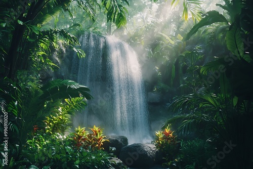 Sunlight illuminating waterfall cascading down lush green cliff face in tropical rainforest