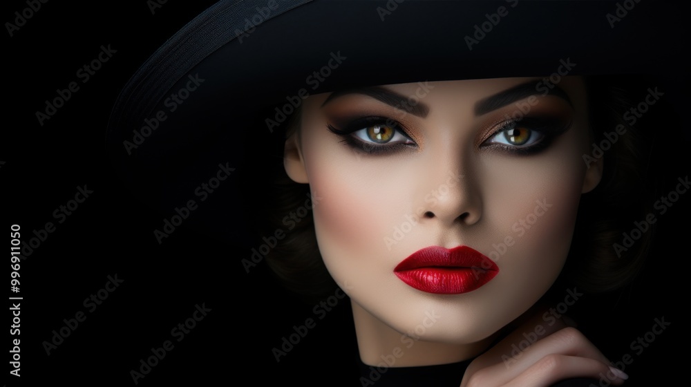 custom made wallpaper toronto digitalA striking portrait of a woman with dramatic makeup, red lips, and a black hat against a dark background, evoking mystery and elegance.
