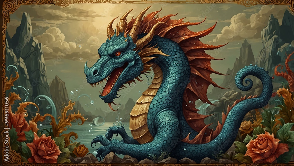 Dragon and seahorse illustration in an ancient style. Dragon and seahorse illustration in an ancient style.