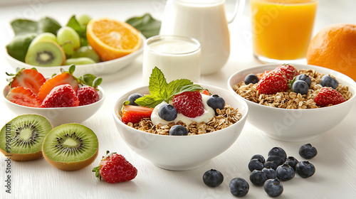 Healthy Breakfast Spread - Fresh Fruits and Granola Bowls