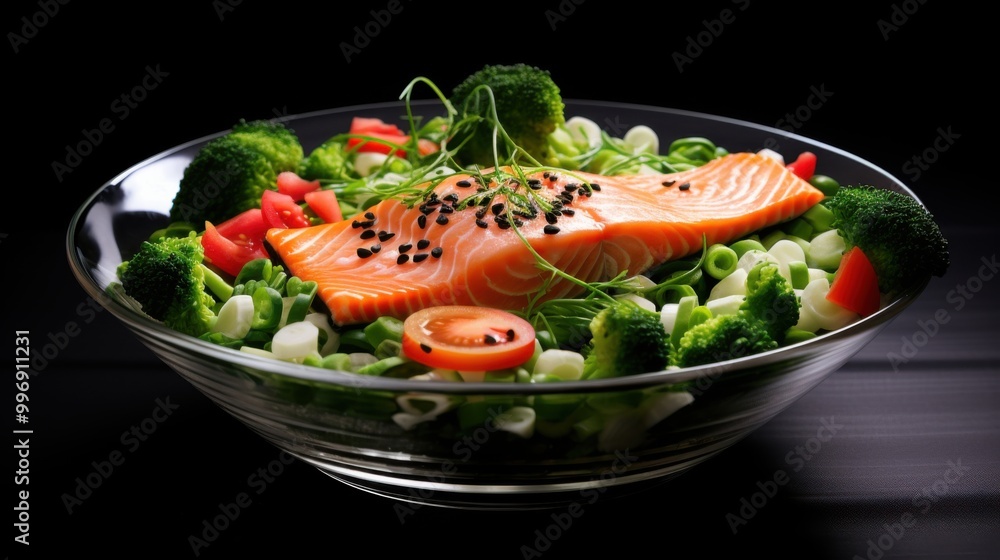 A vibrant, healthy salad featuring fresh salmon, broccoli, tomatoes, and greens artfully arranged in a glass bowl. A vibrant, healthy salad featuring fresh salmon, broccoli, tomatoes, and greens artfully arranged in a glass bowl.