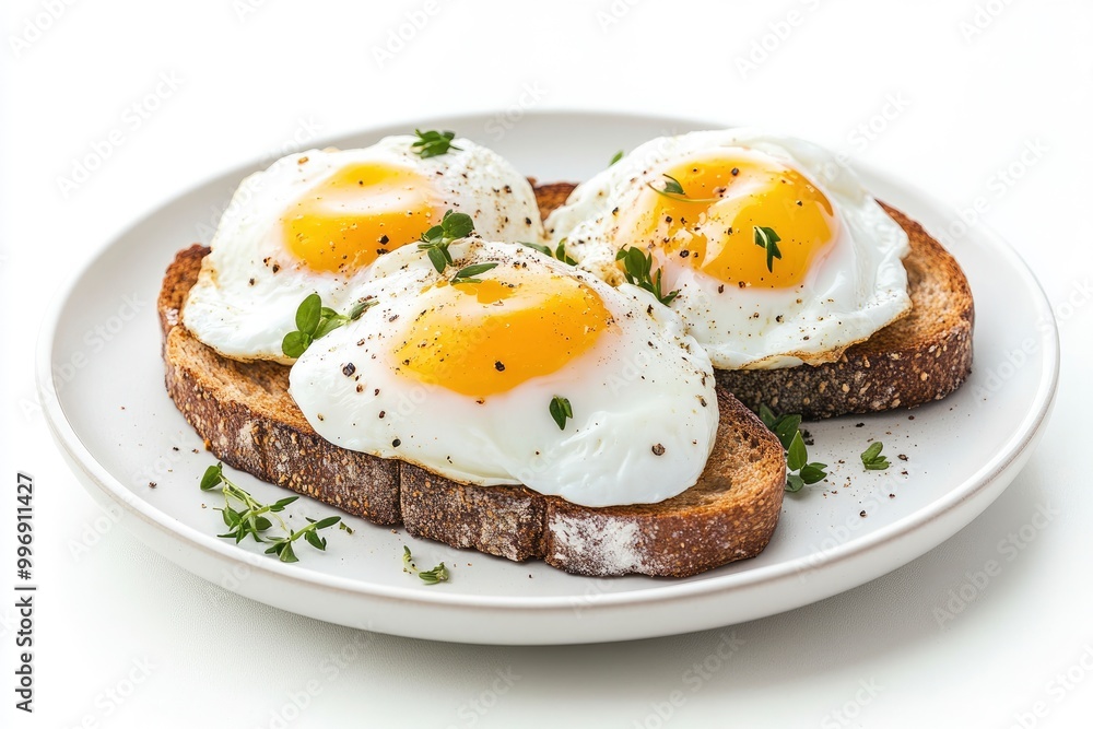 Fresh poached eggs on rye toast with a white background - generative ai Fresh poached eggs on rye toast with a white background - generative ai