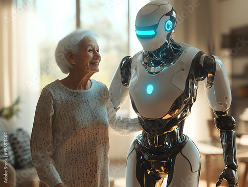 An elderly woman interacts with a robot assistant in a modern home photo