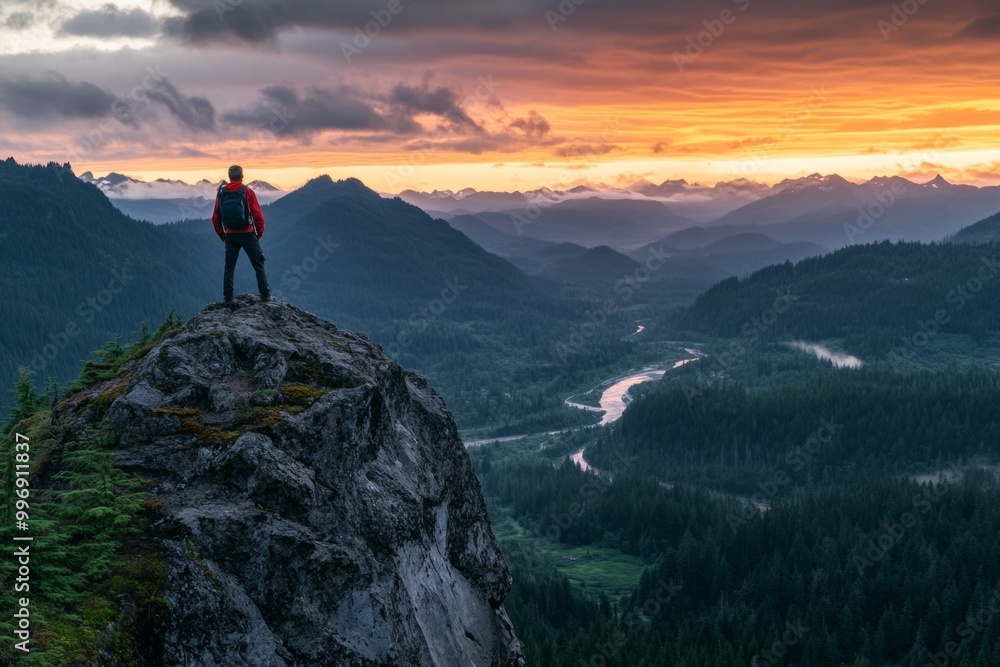 A hiker stands on a rocky cliff. The sunset paints the sky in vivid colors. Nature inspires awe and adventure. Perfect for travel and exploration themes. Generative AI A hiker stands on a rocky cliff. The sunset paints the sky in vivid colors. Nature inspires awe and adventure. Perfect for travel and exploration themes. Generative AI