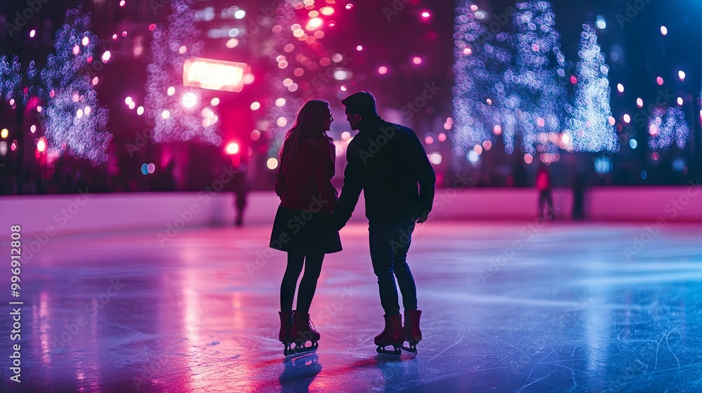 A loving couple skating on a street rink A loving couple skating on a street rink