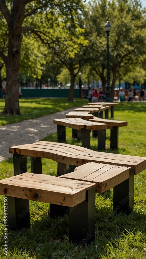 Eco-friendly park with solar-powered benches. Eco-friendly park with solar-powered benches.