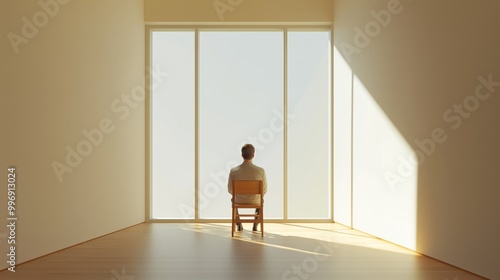 A man in casual attire sits in a light-filled room, deep in introspection amid serene decor.