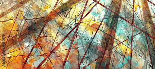 Vibrant abstract composition featuring yellow, gray, brown, crimson, and turquoise lines