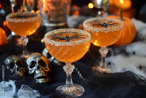 Halloween cocktail party, cocktails with themed decor spiders, skulls, spider webs photo