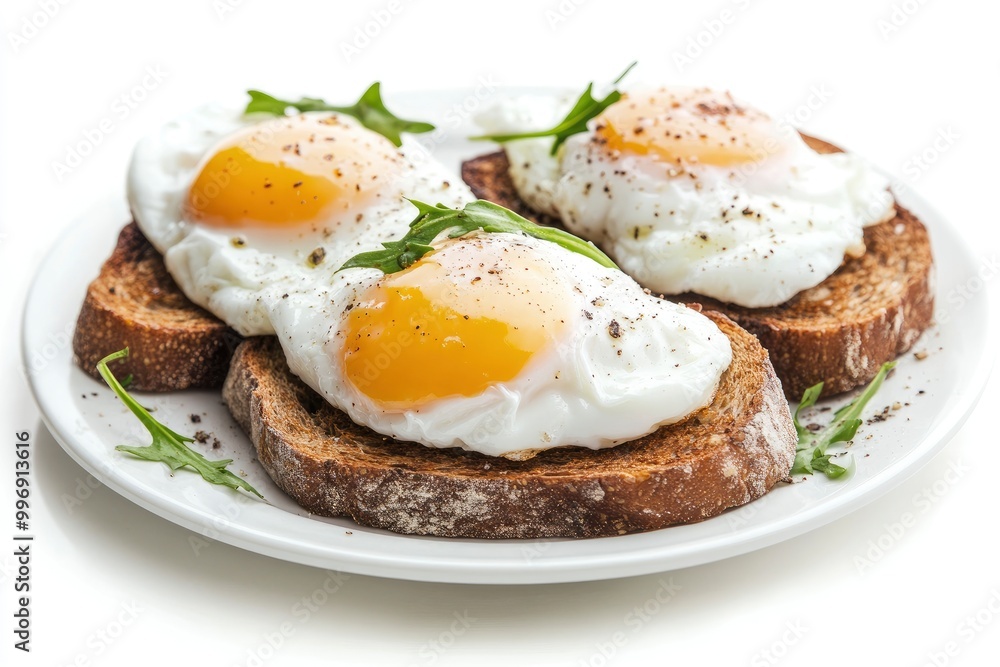 Fresh poached eggs on rye toast with a white background - generative ai Fresh poached eggs on rye toast with a white background - generative ai