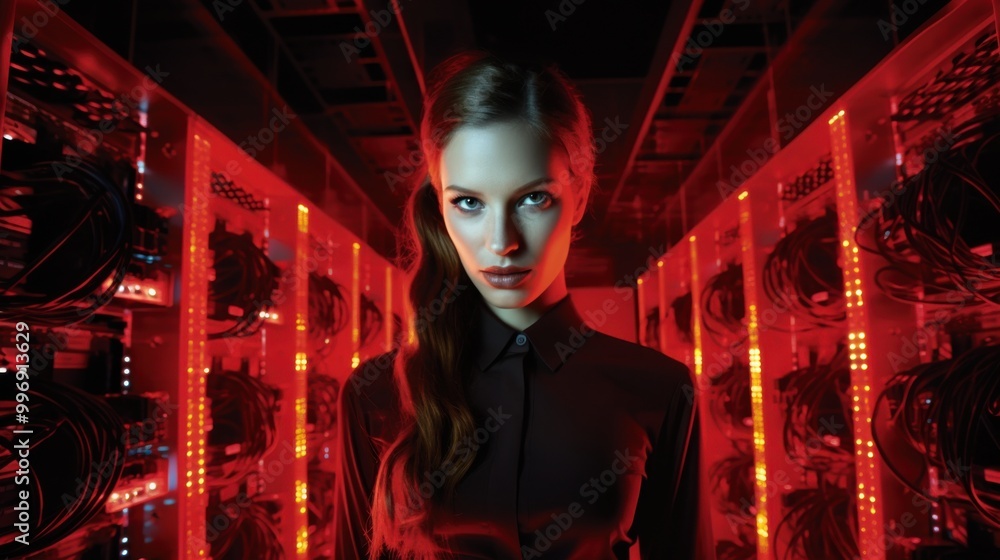 Portrait of a woman standing confidently in a data center, surrounded by red-lit servers. The image captures a tech-savvy, empowered atmosphere. Portrait of a woman standing confidently in a data center, surrounded by red-lit servers. The image captures a tech-savvy, empowered atmosphere.