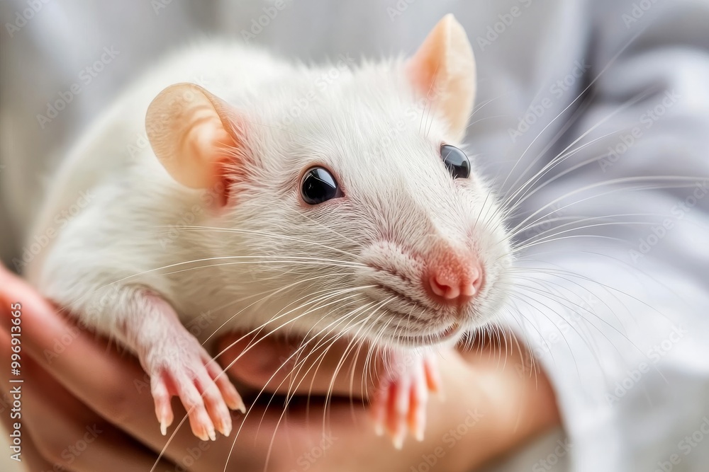 Researcher Handling White Rat for Medical Test in Lab Coat with Copy Space Researcher Handling White Rat for Medical Test in Lab Coat with Copy Space